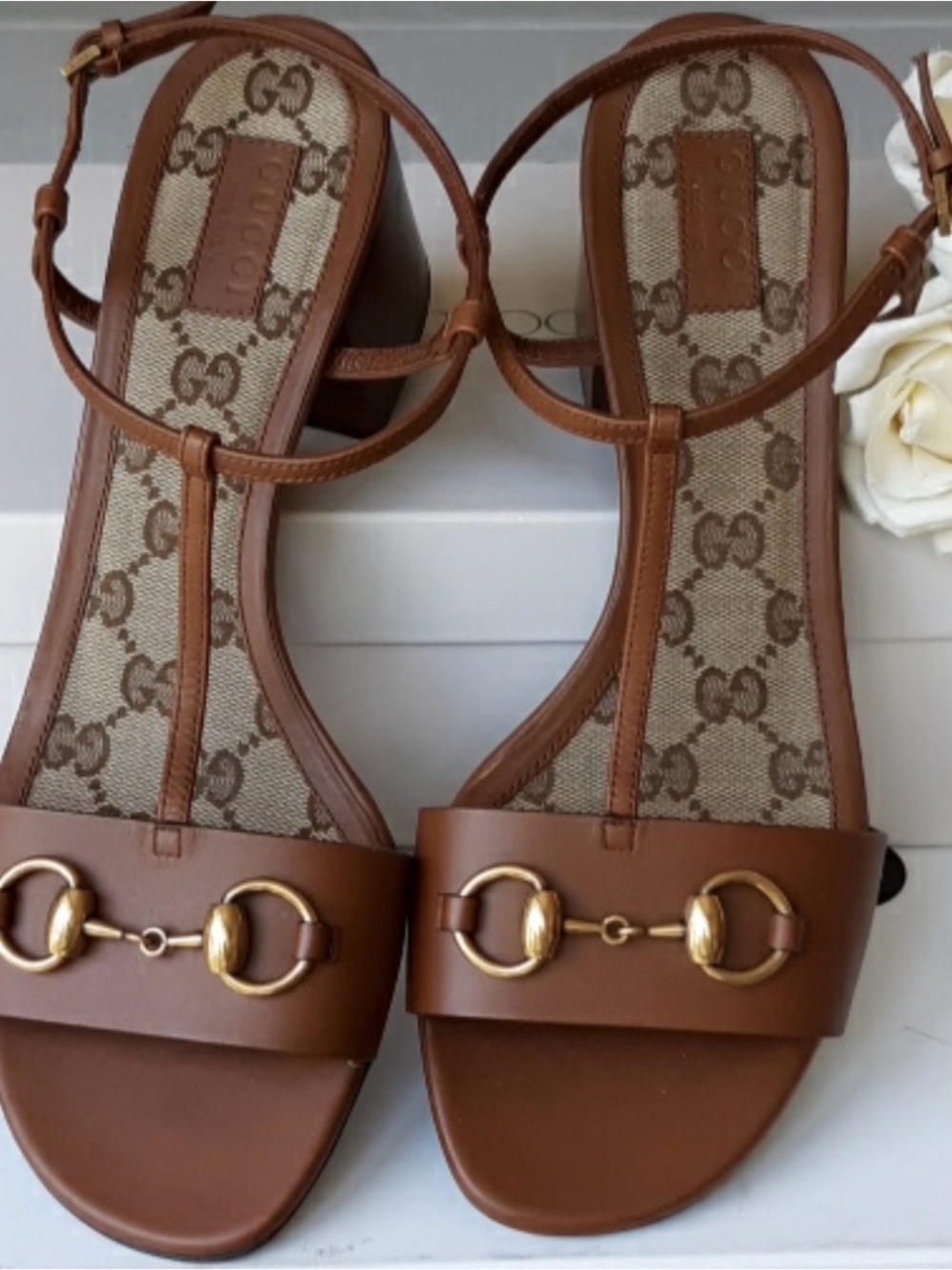 Gucci Brown Leather Horsebit T-Strap Sandals with GG Canvas Insole